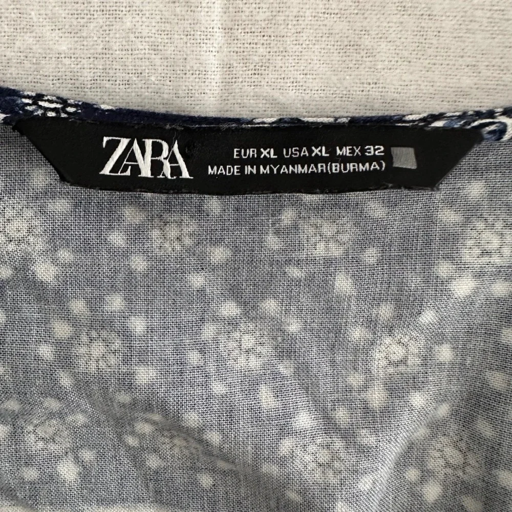 Zara XL Navy Bandana Floral Print Puff Sleeve Linen Blend Peplum Top Prairie